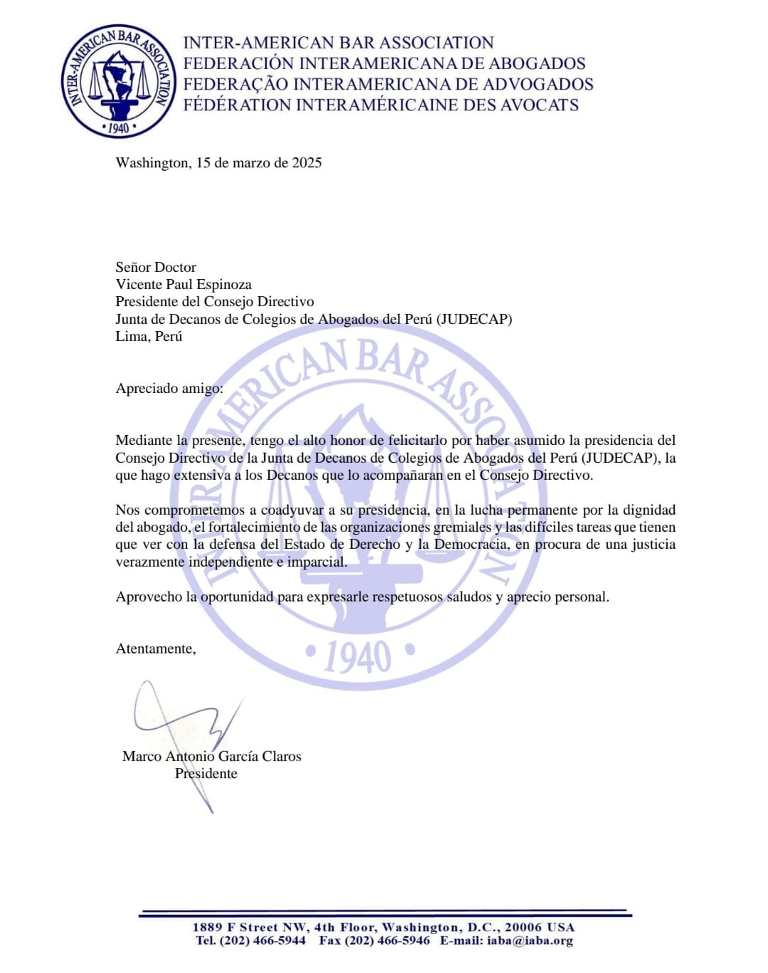 FIA saluda al Dr. Vicente Paul Espinoza Santillán por asumir el cargo de presidente de la JUDECAP