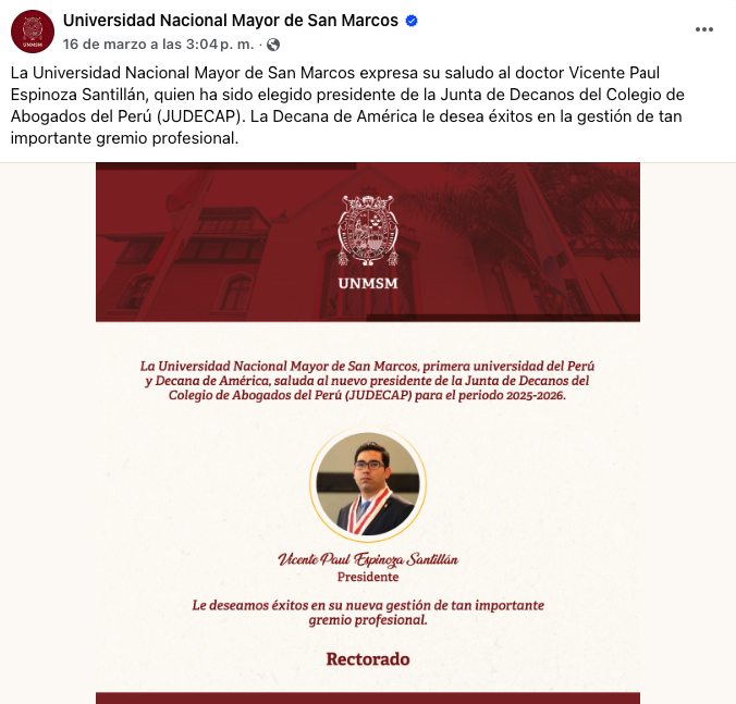 La Universidad Nacional Mayor de San Marcos saluda la elección del nuevo presidente de la JUDECAP