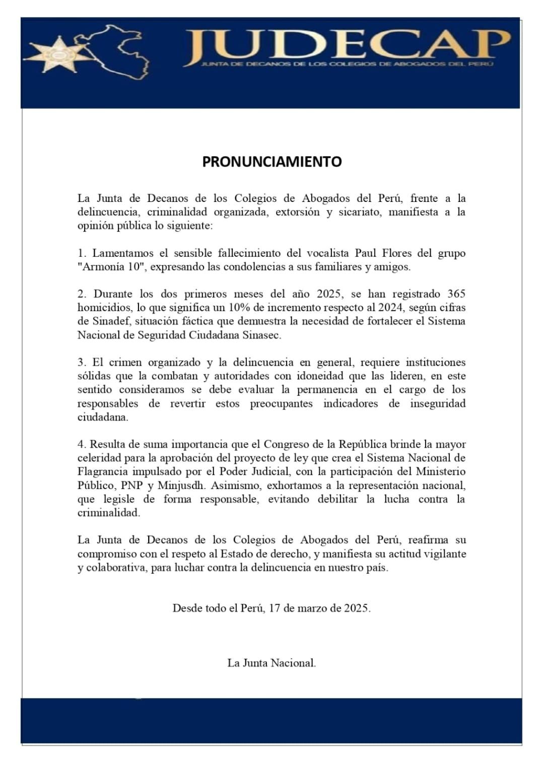 Pronunciamiento JUDECAP, frente a la delincuencia, criminalidad organizada, extorsión y sicariato