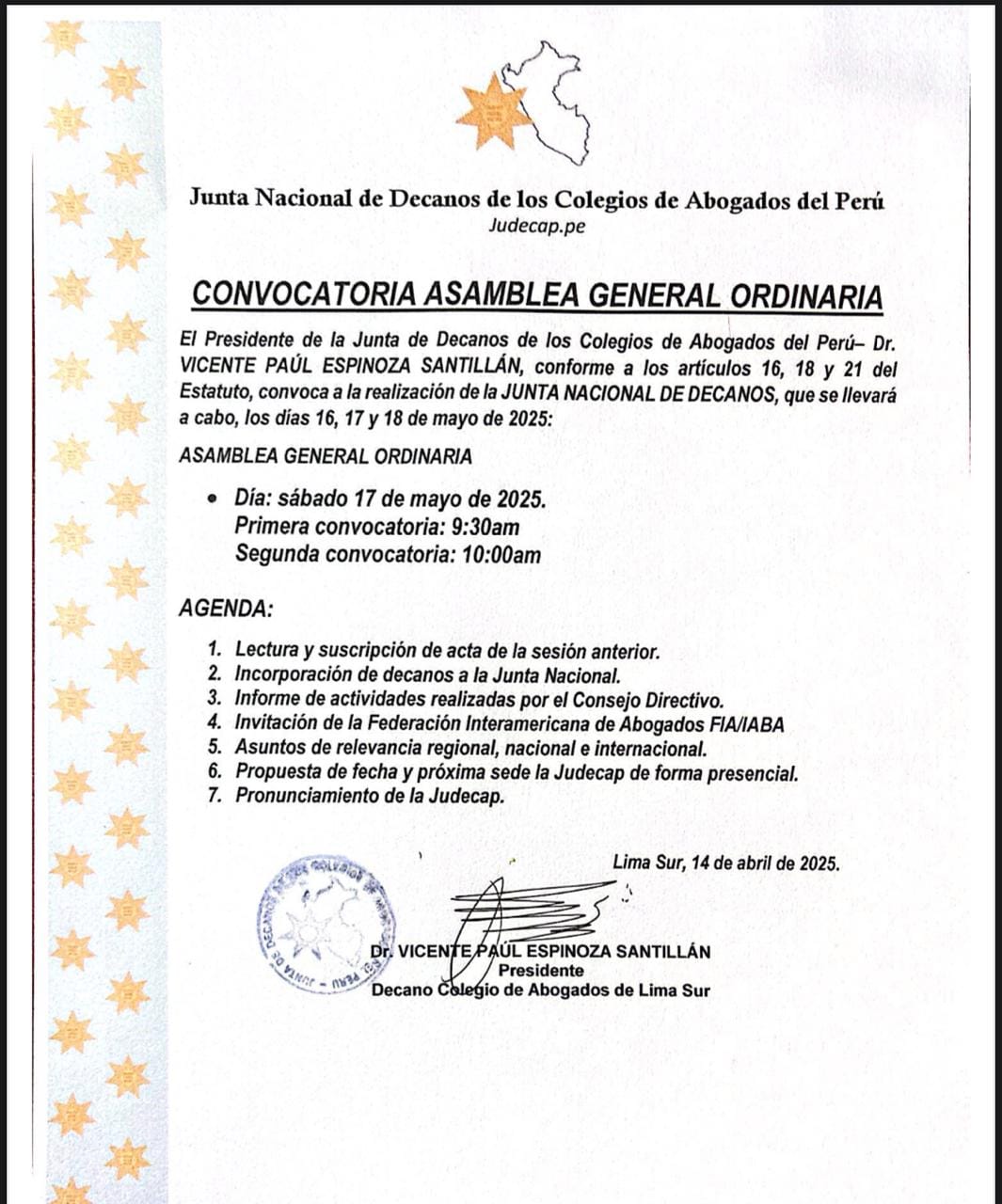 Convocatoria Asamblea General Ordinario JUDECAP