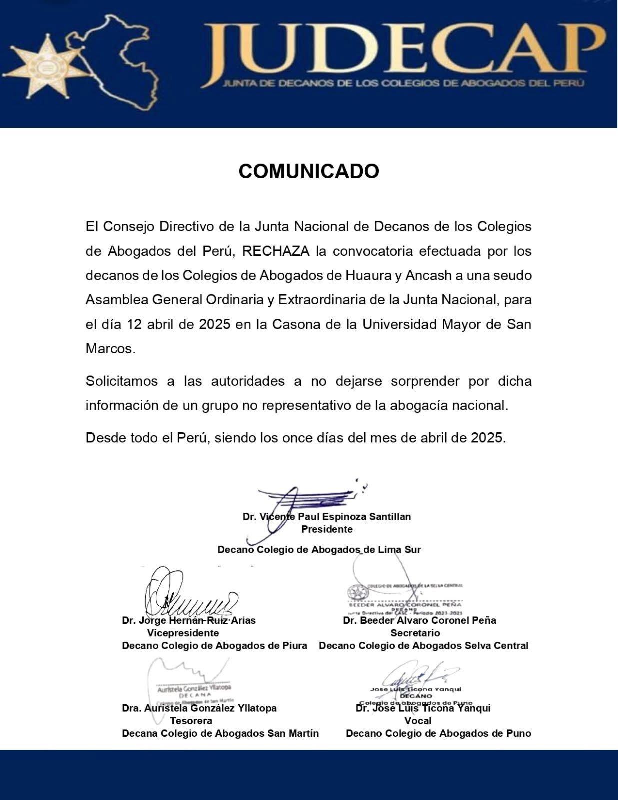 Judecap rechaza convocatoria a pseudo asamblea