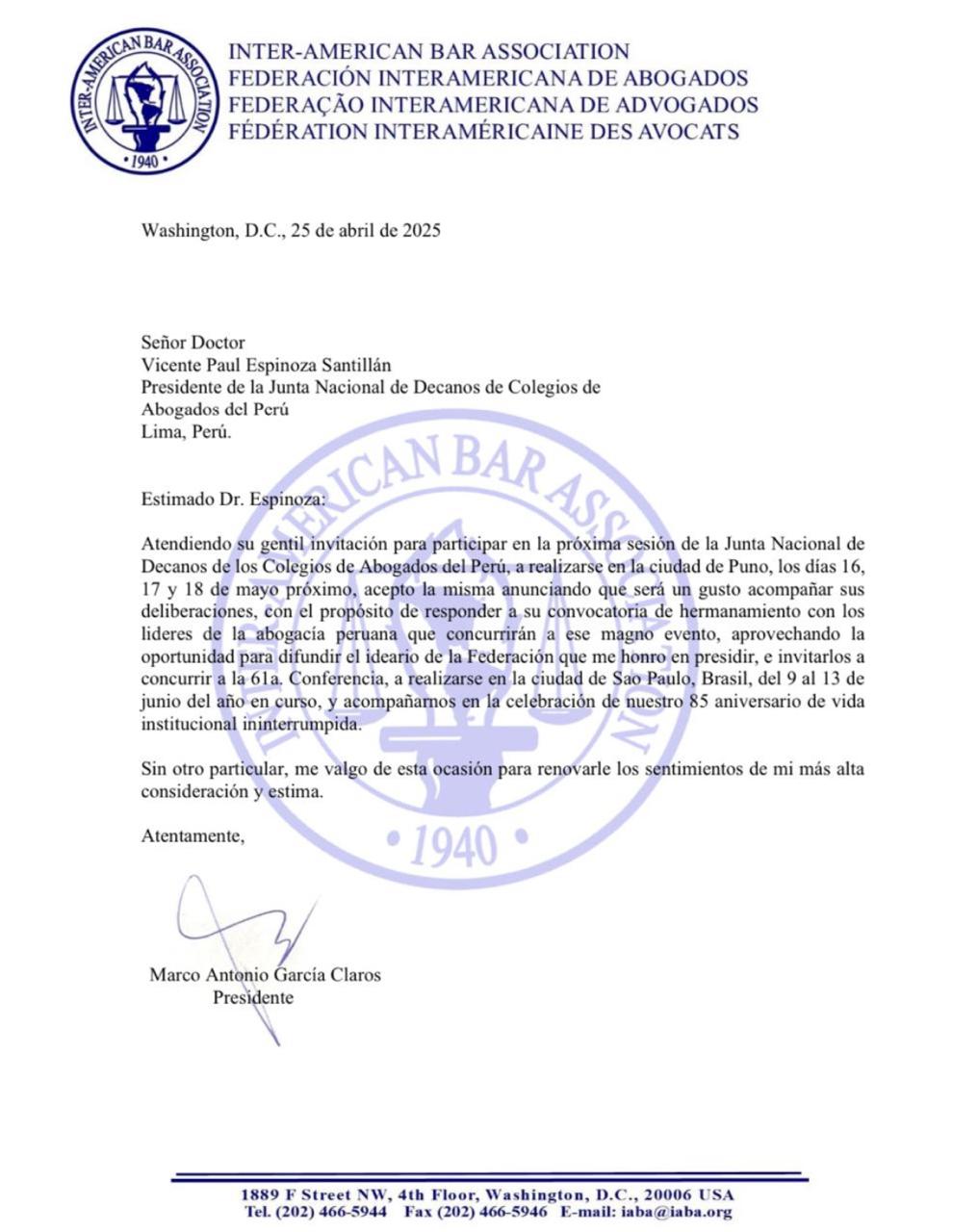 Presidente de la FIA confirma su participación a la sesión extraordinaria de la JUDECAP