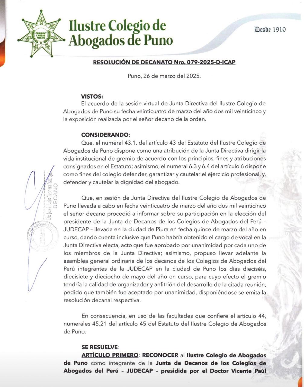 Resolucion 26 de marzo – Colegio de Abogados de Puno