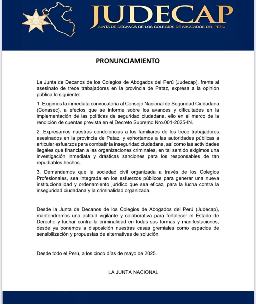Pronunciamiento JUDECAP frente al asesinato de trece trabajadores en la provincia de Pataz