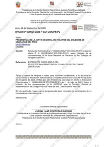 La Comisión Distrital de Implementación del Código Procesal Penal de la Corte Nacional de Justicia Penal Especializada, deja sin efecto la representación del suspendido decano del Colegio de Abogados de Lima