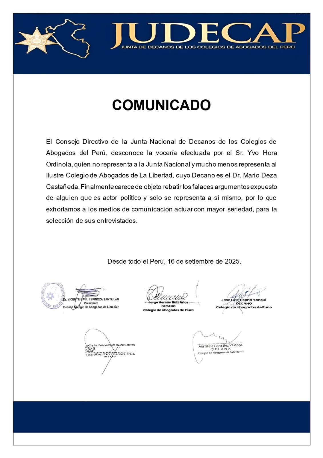 JUDECAP desconoce vocería efectuada por el Sr Yvo Hora Ordinola