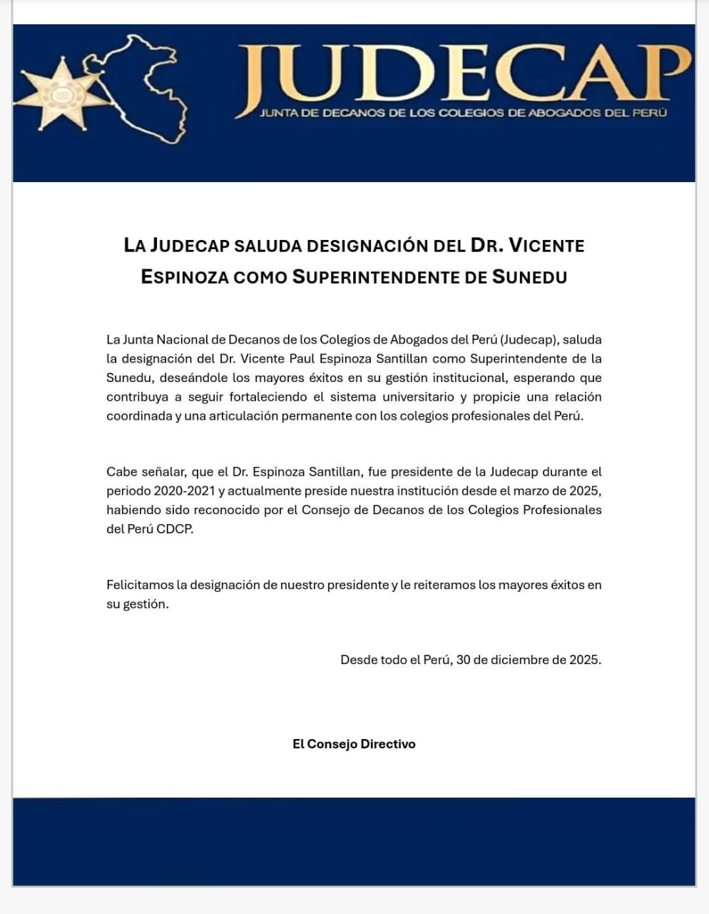 JUDECAP saluda designación del Dr Vicente Espinoza como superintendente de SUNEDU
