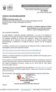 Invitación a la Primera Audiencia Pública Descentralizada en la ciudad de Huánuco, sobre la “La Ley de la Abogacía Peruana”