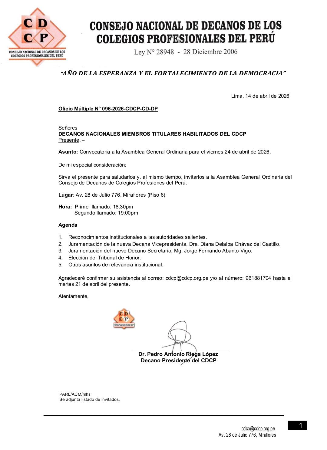 Convocatoria asamblea CONSEJO NACIONAL DE DECANOS DE LOS COLEGIOS PROFESIONALES DEL PERÚ
