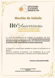 Judecap saluda por el 116 Aniversario al Ilustre Colegio de Abogados de Puno