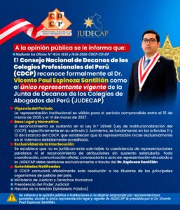 CDCP RATIFICA AL DR. VICENTE PAUL ESPINOZA SANTILLÁN COMO ÚNICO REPRESENTANTE OFICIAL DE JUDECAP