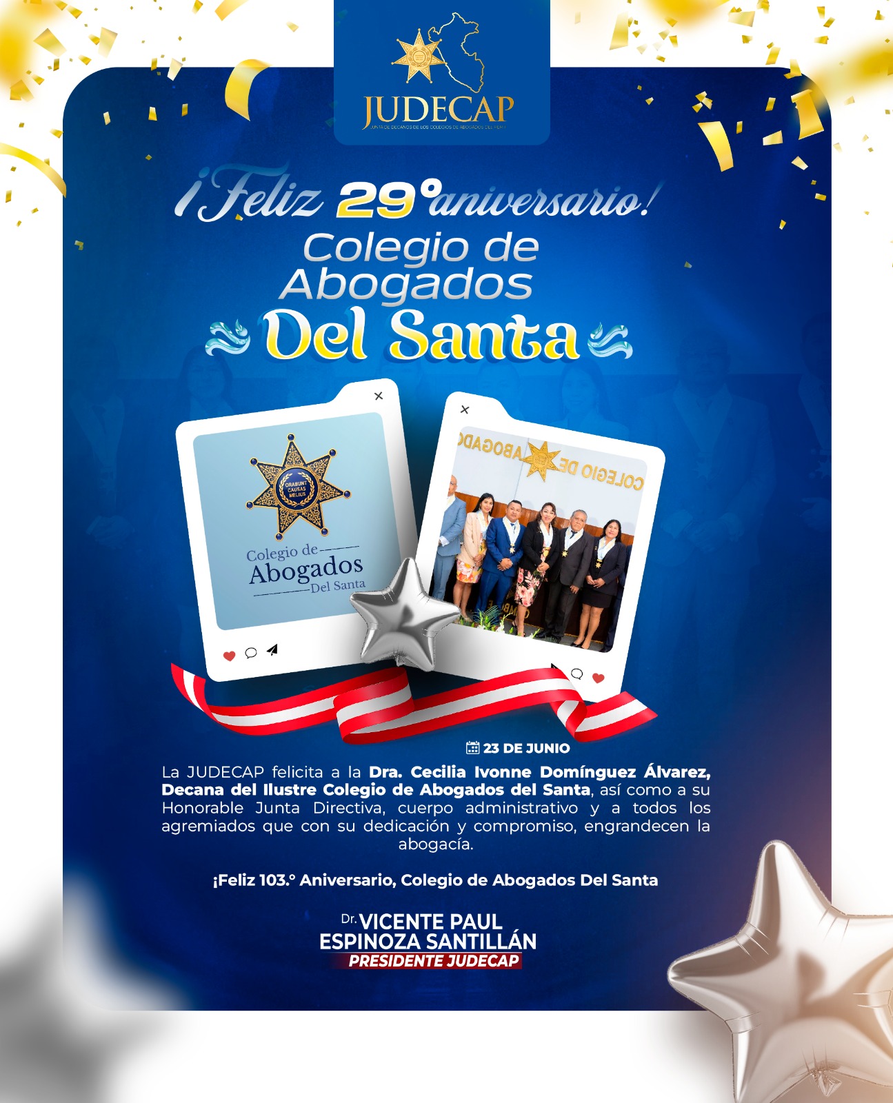 🔵 ¡FELIZ 29.° ANIVERSARIO, ILUSTRE COLEGIO DE ABOGADOS DEL SANTA! ⚖️🎉