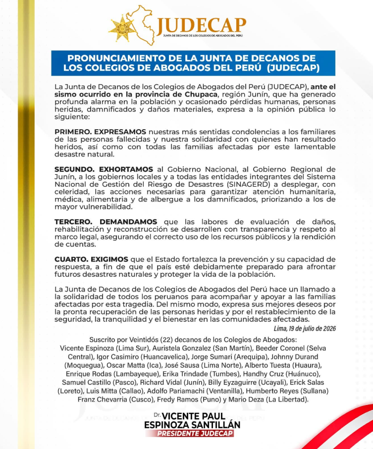 PRONUNCIAMIENTO DE LA JUNTA DE DECANOS DE LOS COLEGIOS DE ABOGADOS DEL PERÚ (JUDECAP)